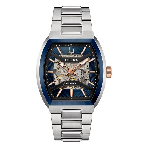 Bulova Maquina Mens Blue Skeleton Dial Curve Glass Stainless Steel Watch