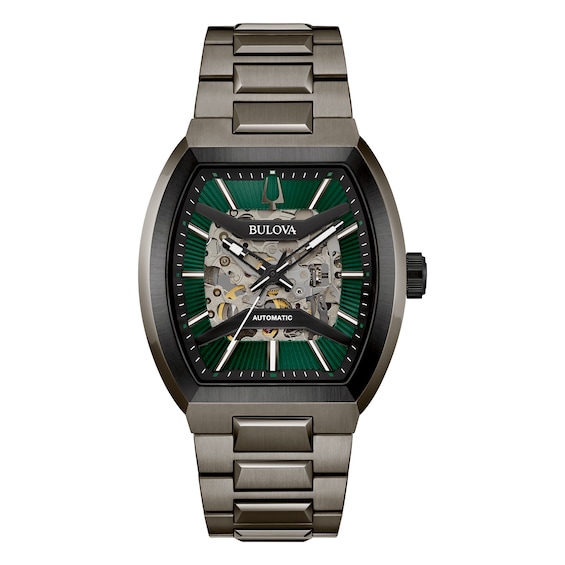 Bulova Maquina Mens Green Skeleton Dial Curve Glass Stainless Steel Watch