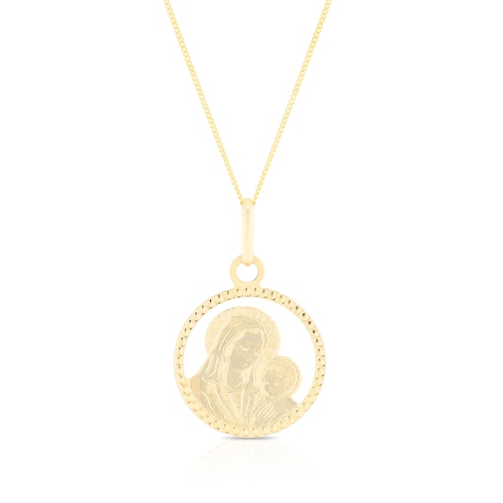 9ct Yellow Gold Diamond Cut Mary and Child Pendant 18 Neckla