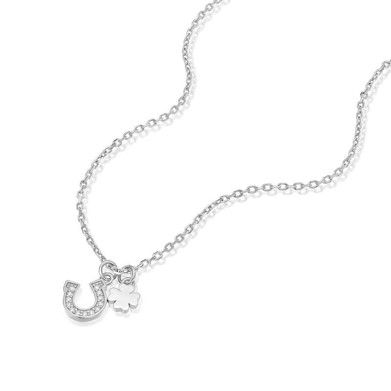 Main Image 2 of Sterling Silver Rhodium Plated Cubic Zirconia Horseshoe Clover Pendant 17+1" Necklace