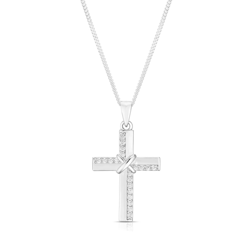 Main Image 1 of Sterling Silver Rhodium Plated Cubic Zirconia Cross Pendant 18" Necklace