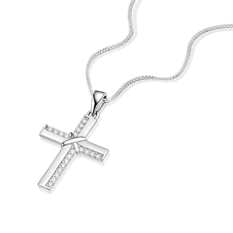 Main Image 2 of Sterling Silver Rhodium Plated Cubic Zirconia Cross Pendant 18" Necklace