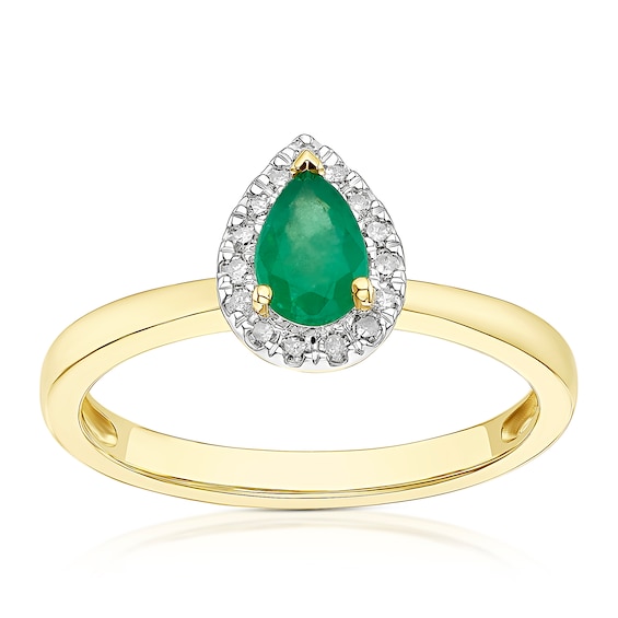 9ct Yellow Gold Diamond and Emerald Pear Ring