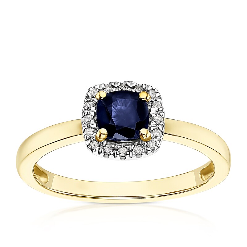 Main Image 1 of 9ct Yellow Gold Diamond & Sapphire Cushion Ring