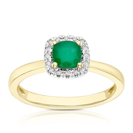 9ct Yellow Gold Diamond & Emerald Cushion Ring