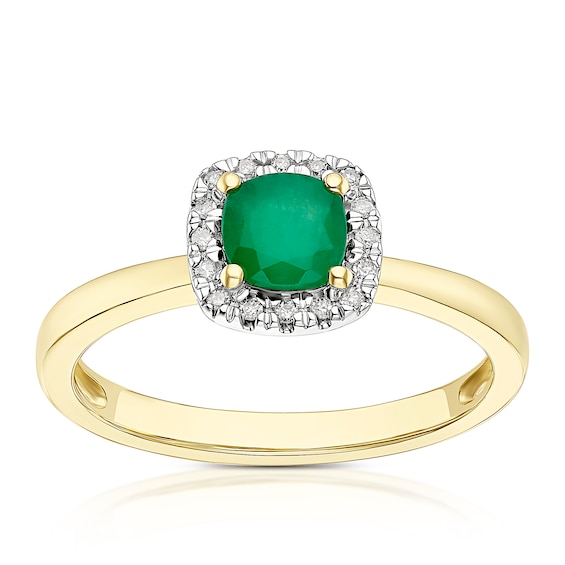 9ct Yellow Gold Diamond and Emerald Cushion Ring