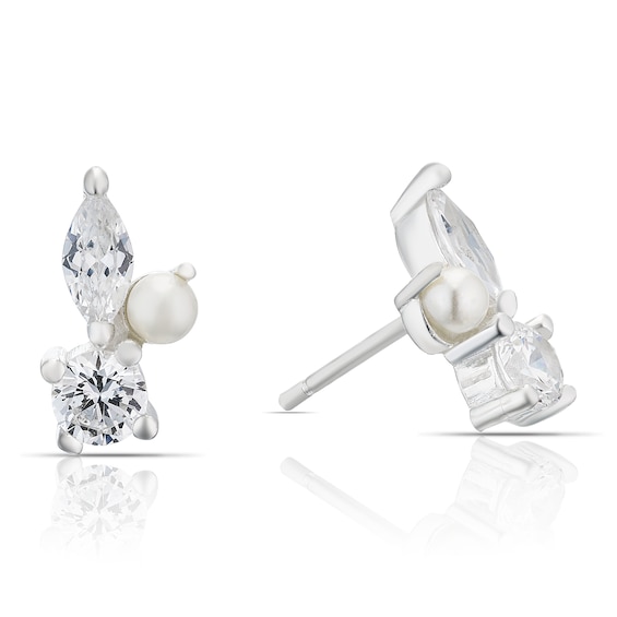 Sterling Silver Cubic Zirconia and Pearl Cluster Stud Earrin