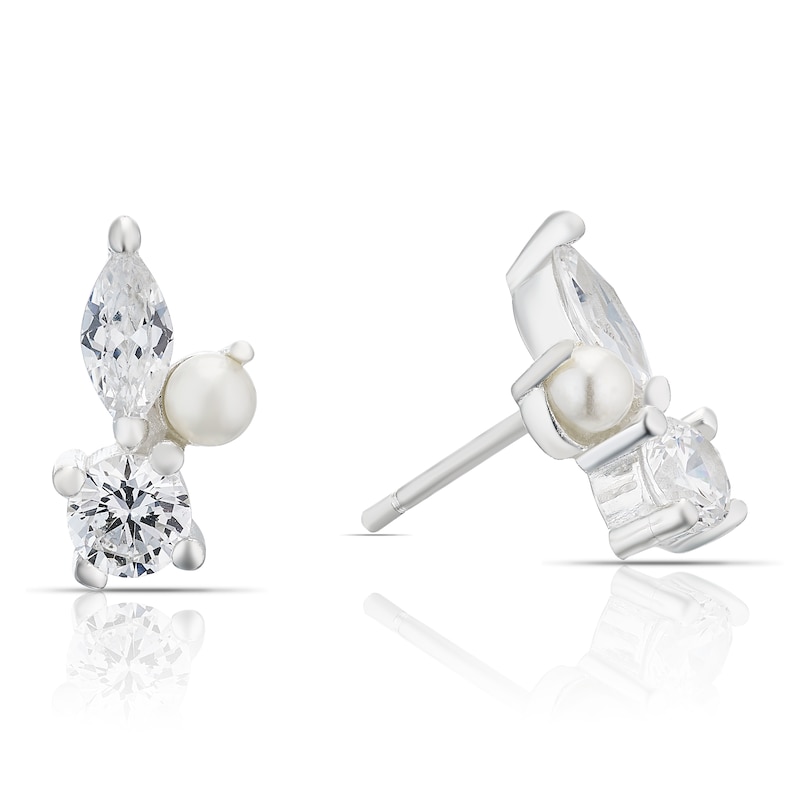 Main Image 1 of Sterling Silver Cubic Zirconia & Pearl Cluster Stud Earrings