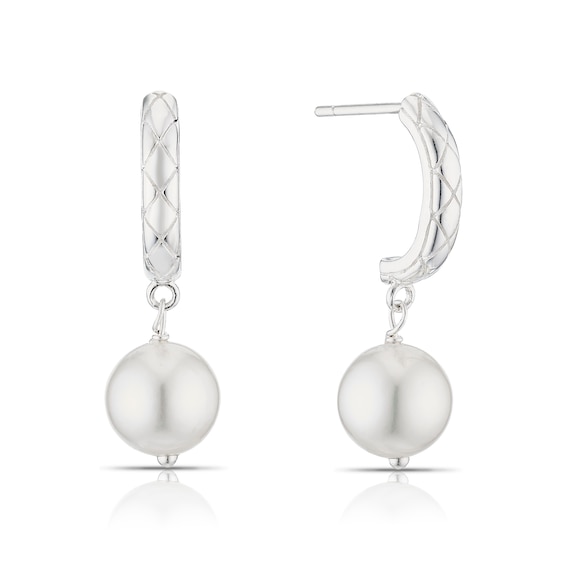 Sterling Silver Pearl Drop Quilted Hoop Earrings