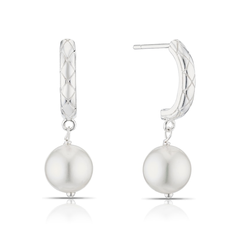 Main Image 1 of Sterling Silver Simulated Pearl Drop Quilted Hoop Earrings