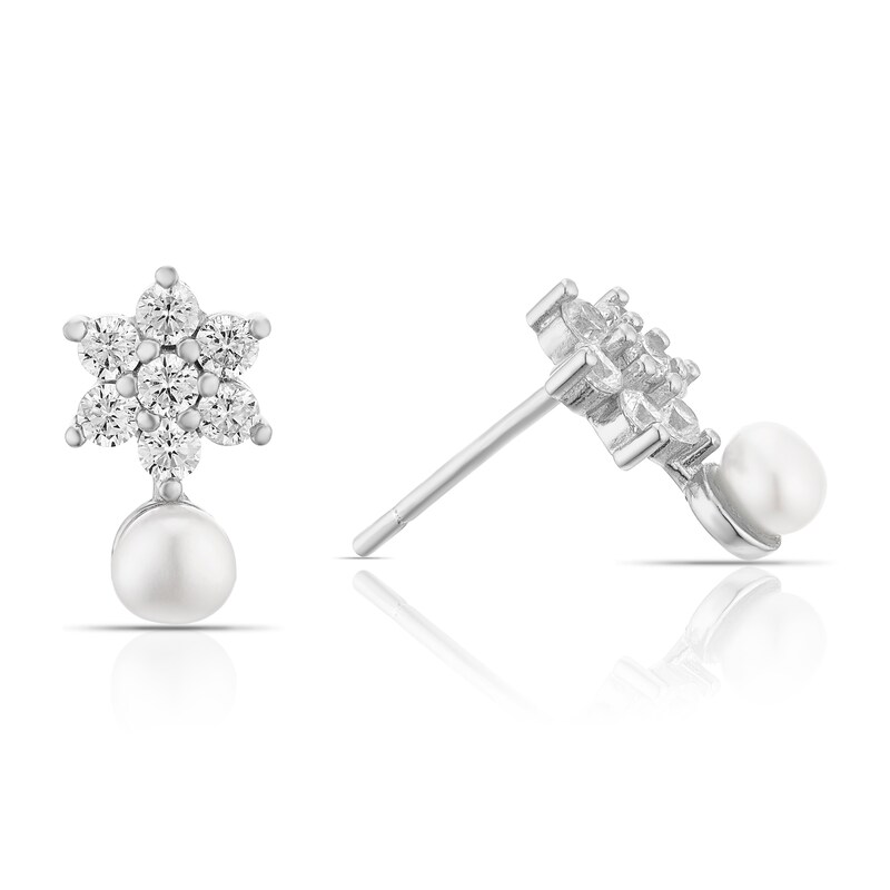 Main Image 1 of Sterling Silver Cubic Zirconia Cultered Freshwater Pearl Drop Cluster Hoop Earrings