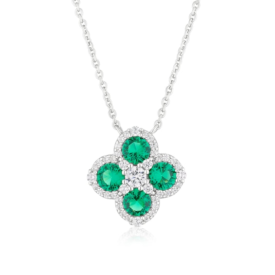 Sterling Silver Green Cubic Zirconia Clover Pendant Necklace