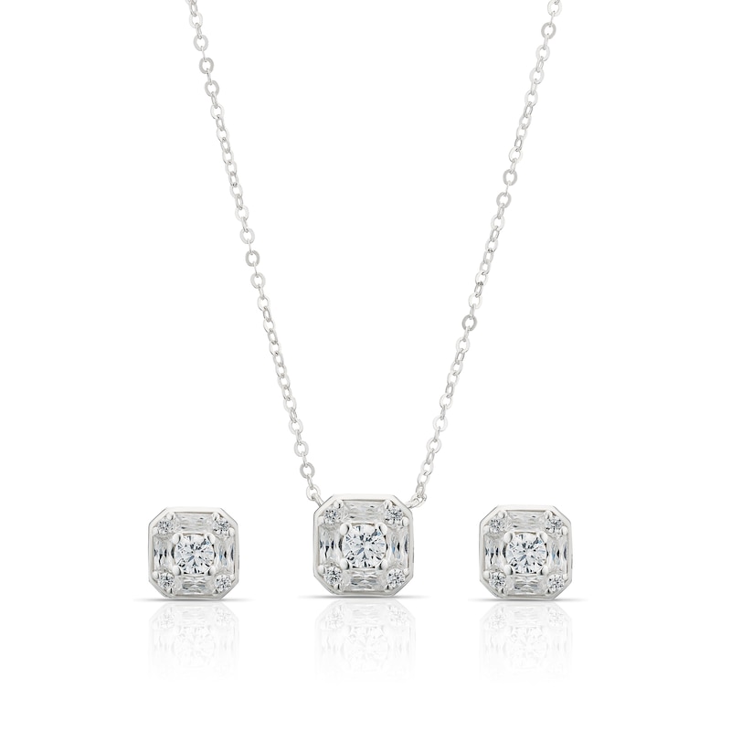 Main Image 1 of Sterling Silver Square Cubic Zirconia Necklace & Earring Jewellery Set