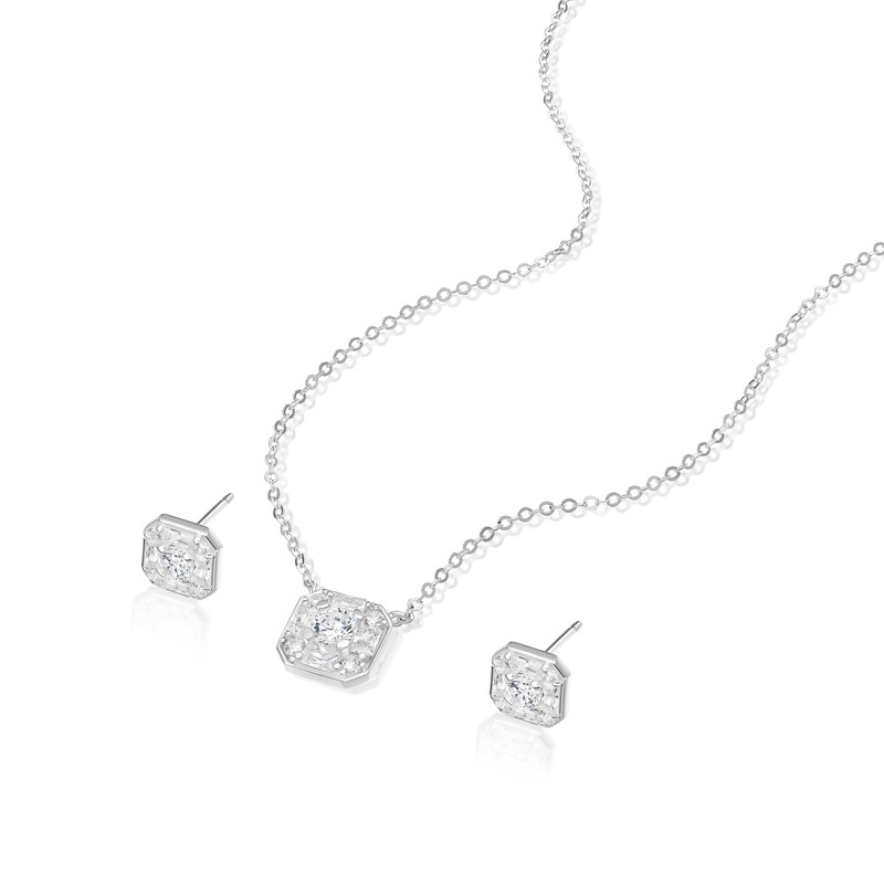 Main Image 2 of Sterling Silver Square Cubic Zirconia Necklace & Earring Jewellery Set