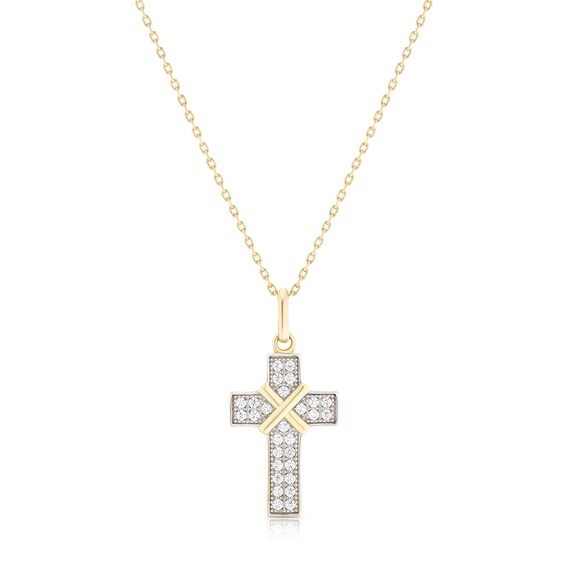 9ct Yellow Gold Pave Set Cubic Zirconia Cross Pendant Necklace