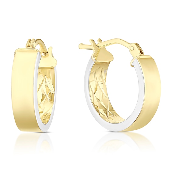 9ct Yellow Gold and Rhodium Plated Diamond Cut Flat Hoop Earrings