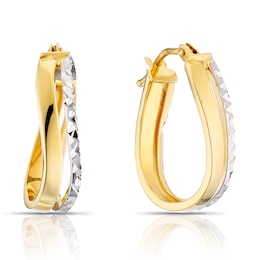 9ct Yellow & White Gold Diamond Cut Twist Oval Hoop Earrings