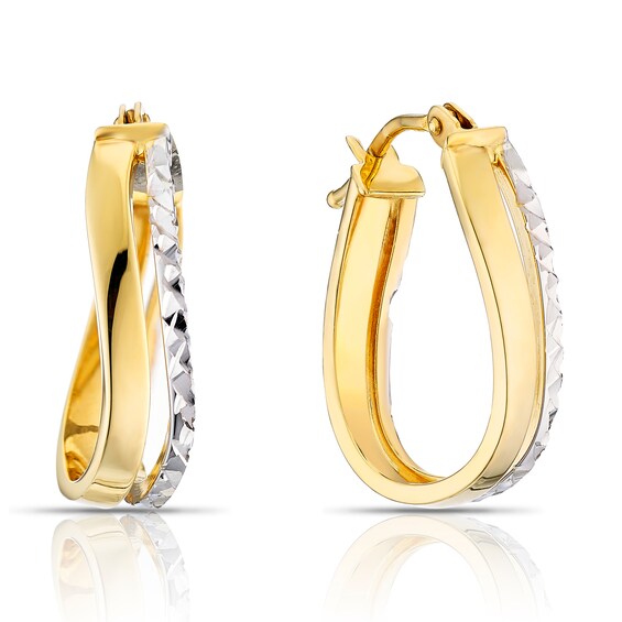 9ct Yellow and White Gold Diamond Cut Twist Oval Hoop Earrin