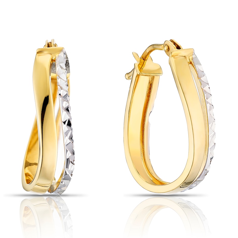 Main Image 1 of 9ct Yellow & White Gold Diamond Cut Twist Oval Hoop Earrings