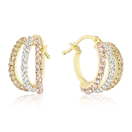 9ct Yellow Gold Three Row Crystal Hoop Earrings