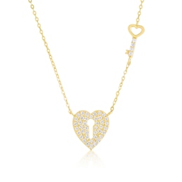 9ct Yellow Gold Cubic Zirconia Heart Padlock & Key Pendant Necklace