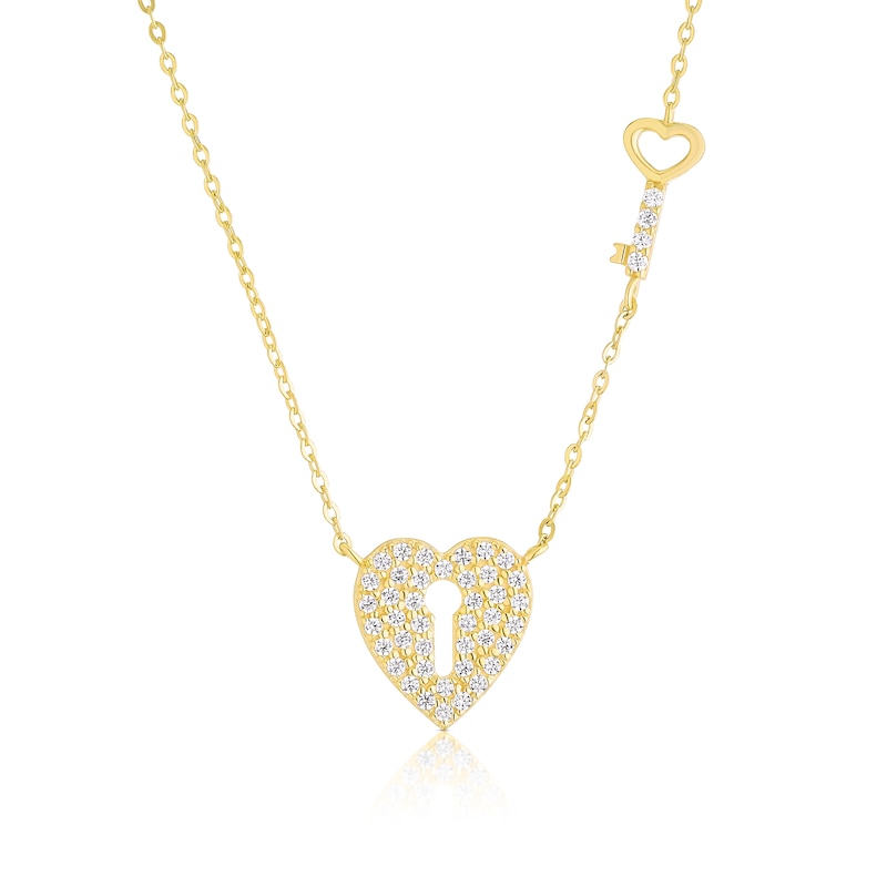Main Image 1 of 9ct Yellow Gold Cubic Zirconia Heart Padlock & Key Pendant Necklace