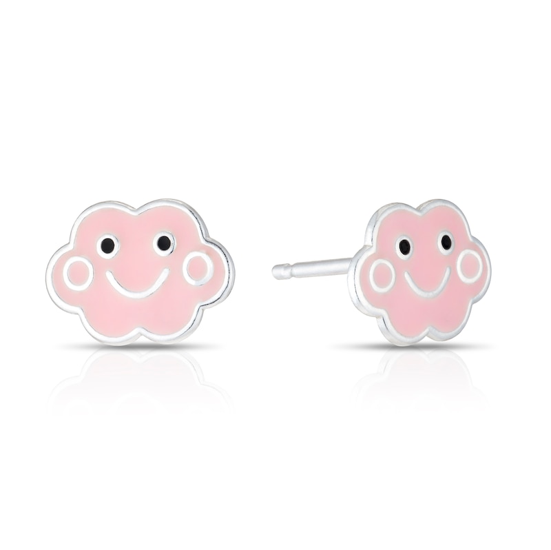 Main Image 1 of Children's Sterling Silver Pink Enamel Cloud Smiley Face Stud Earrings
