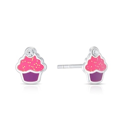 Children's Sterling Silver Pink Enamel & Crystal Cupcake Stud Earrings