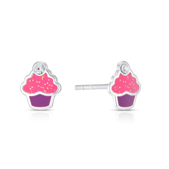 Childrens Sterling Silver Pink Enamel and Crystal Cupcake St