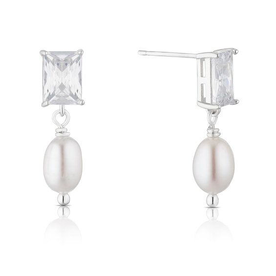 Sterling Silver Cultured Freshwater Pearl and Cubic Zirconia Rectangular Drop Earrings
