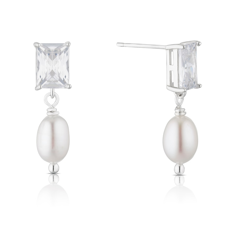 Main Image 1 of Sterling Silver Cultured Freshwater Pearl & Cubic Zirconia Rectangular Drop Earrings