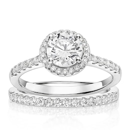 Sterling Silver Round Halo Cubic Zirconia Bridal Set