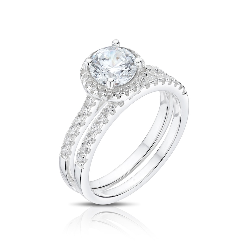 Main Image 2 of Sterling Silver Round Halo Cubic Zirconia Bridal Set