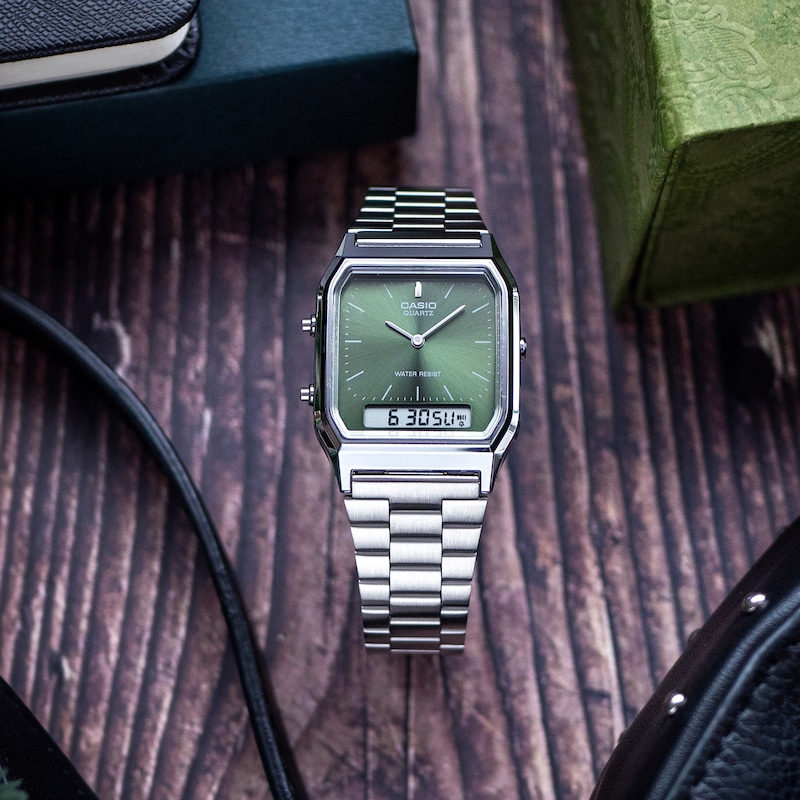 Main Image 5 of Casio Vintage Green Textured Dial Stainless Steel Bracelet Watch