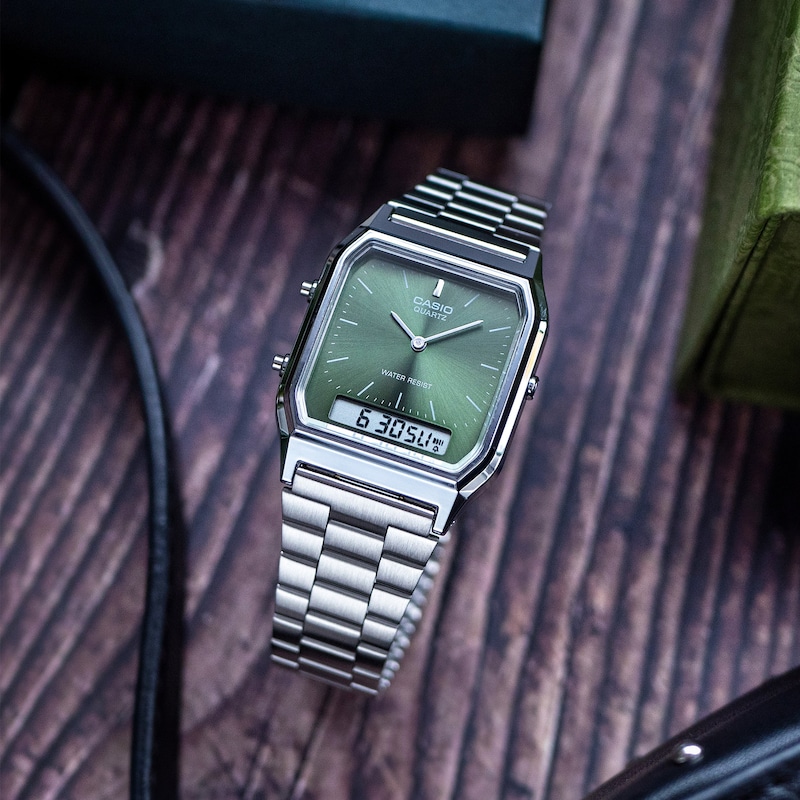 Main Image 6 of Casio Vintage Green Textured Dial Stainless Steel Bracelet Watch