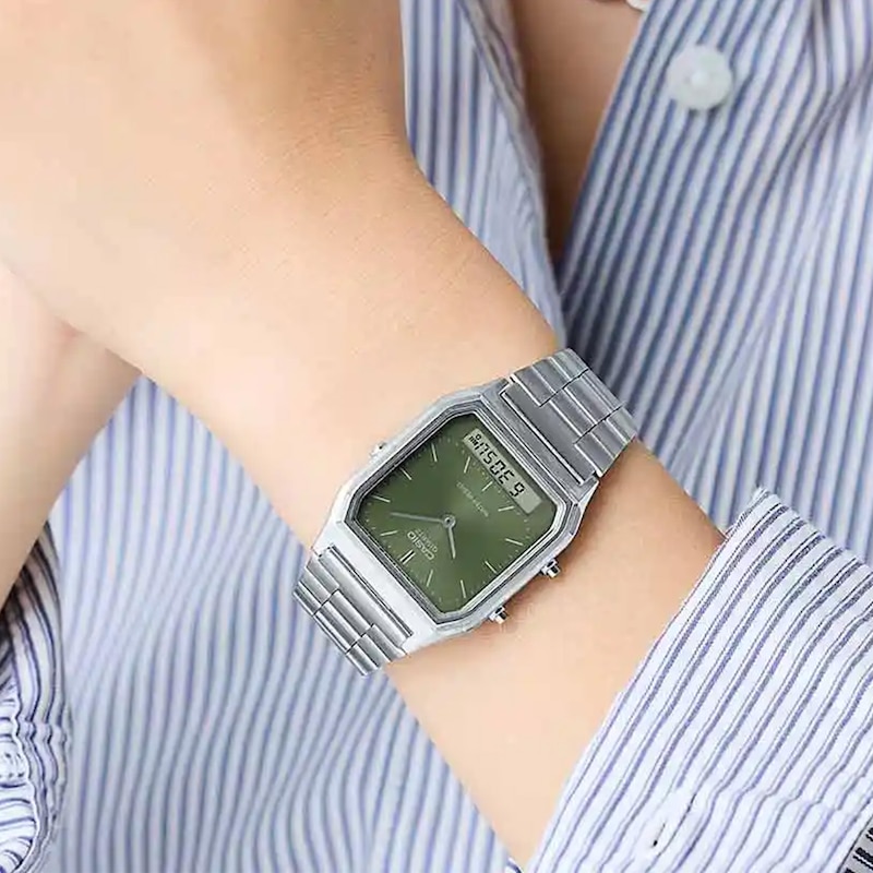 Main Image 7 of Casio Vintage Green Textured Dial Stainless Steel Bracelet Watch