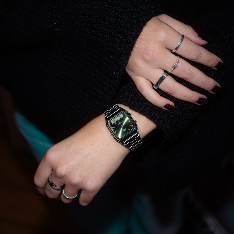 Main Image 8 of Casio Vintage Green Textured Dial Stainless Steel Bracelet Watch