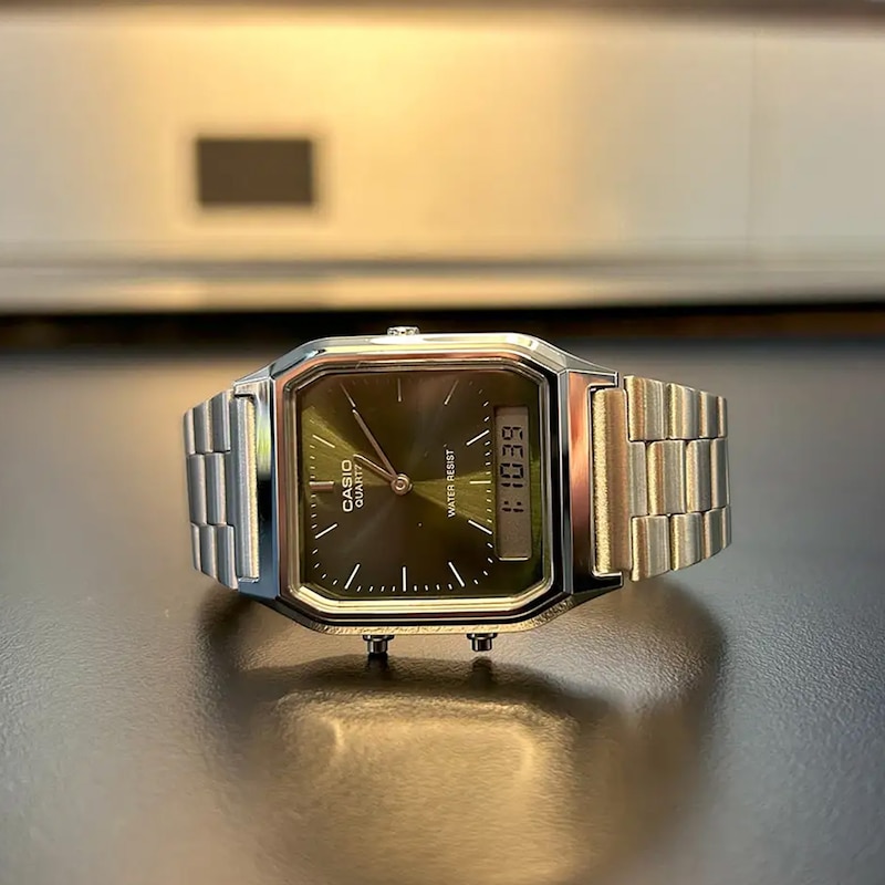 Main Image 9 of Casio Vintage Green Textured Dial Stainless Steel Bracelet Watch