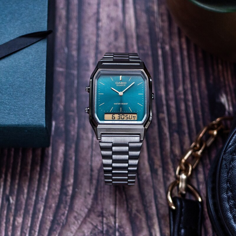 Main Image 4 of Casio Vintage Green Digital Dial Grey Stainless Steel Watch