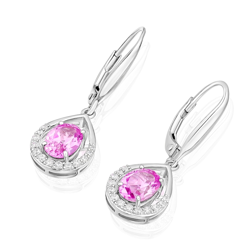 Main Image 2 of Sterling Silver Created Pink Sapphire & Cubic Zirconia Oval Hook Drop Earrings