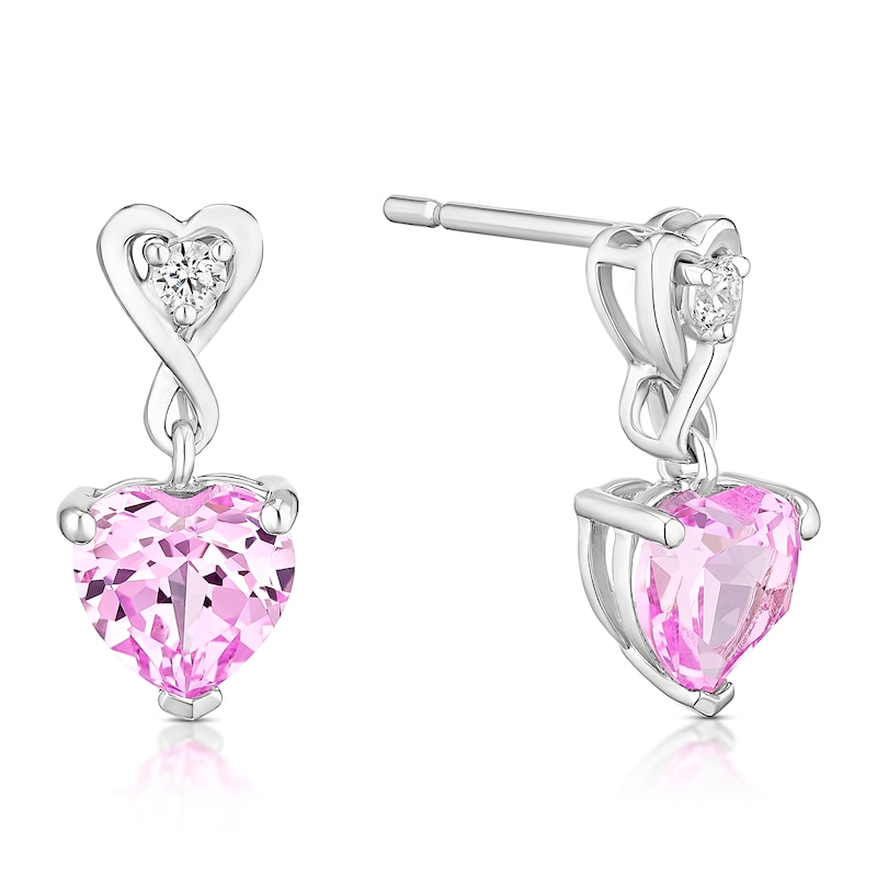 Main Image 1 of Sterling Silver Created Pink Sapphire & Cubic Zirconia Heart Drop Earrings