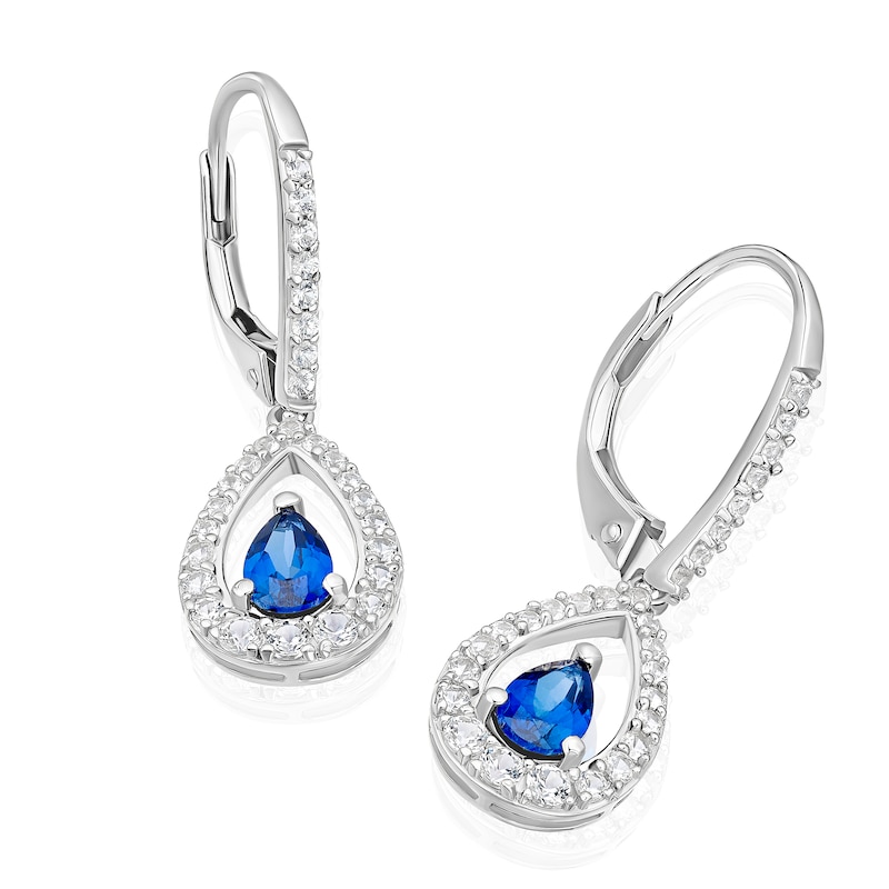 Main Image 2 of Sterling Silver Created Blue Sapphire & Cubic Zirconia Teardrop Earrings