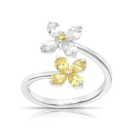 Sterling Silver White & Yellow Cubic Zirconia Flower Wrap Around Ring