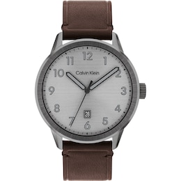 Calvin Klein Men's Grey Linear Dial Brown Leather Strap Watch