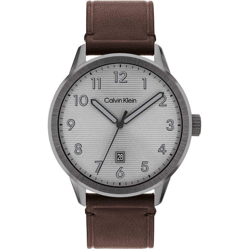Main Image 1 of Calvin Klein Men's Grey Linear Dial Brown Leather Strap Watch