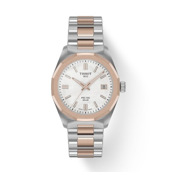 Tissot PRC 100 Solar Women's 34mm White Dial Two Tone Bracelet Watch