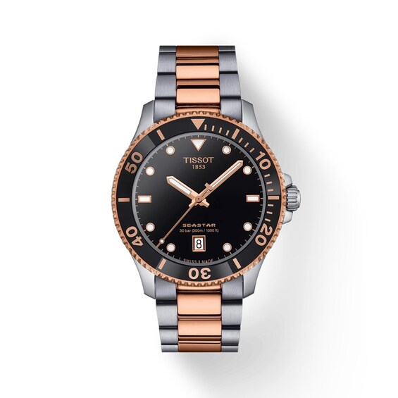 Tissot Seastar Quartz Black Dial Two Tone Rose Stainless Steel Watch