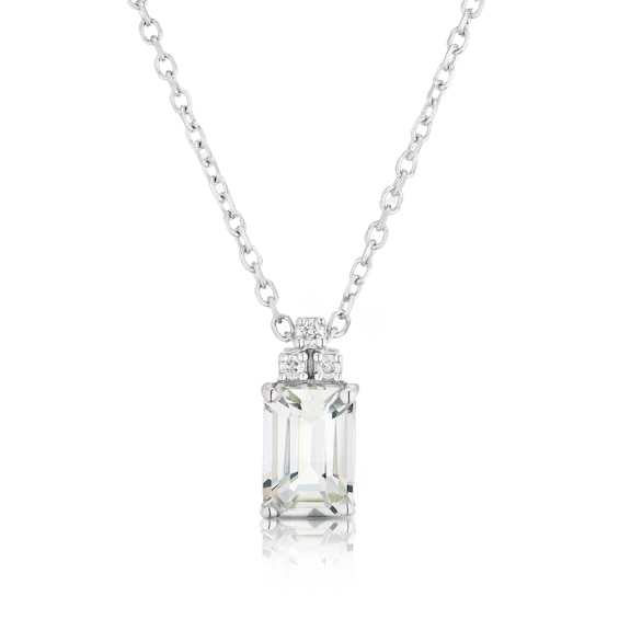 9ct White Gold Diamond and Green Amethyst Pendant Necklace