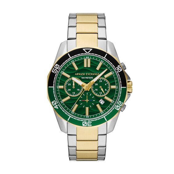 Armani Exchange Mens Green Chronograph Dial Two Tone Stainle