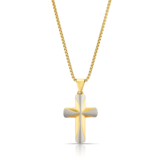 Mens Stainless Steel and Silver Tone Fancy Cross Pendant Nec